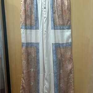 Bloomingdale's Cream Wide-Leg Pants with Brown Paisley Panels and Blue Trim